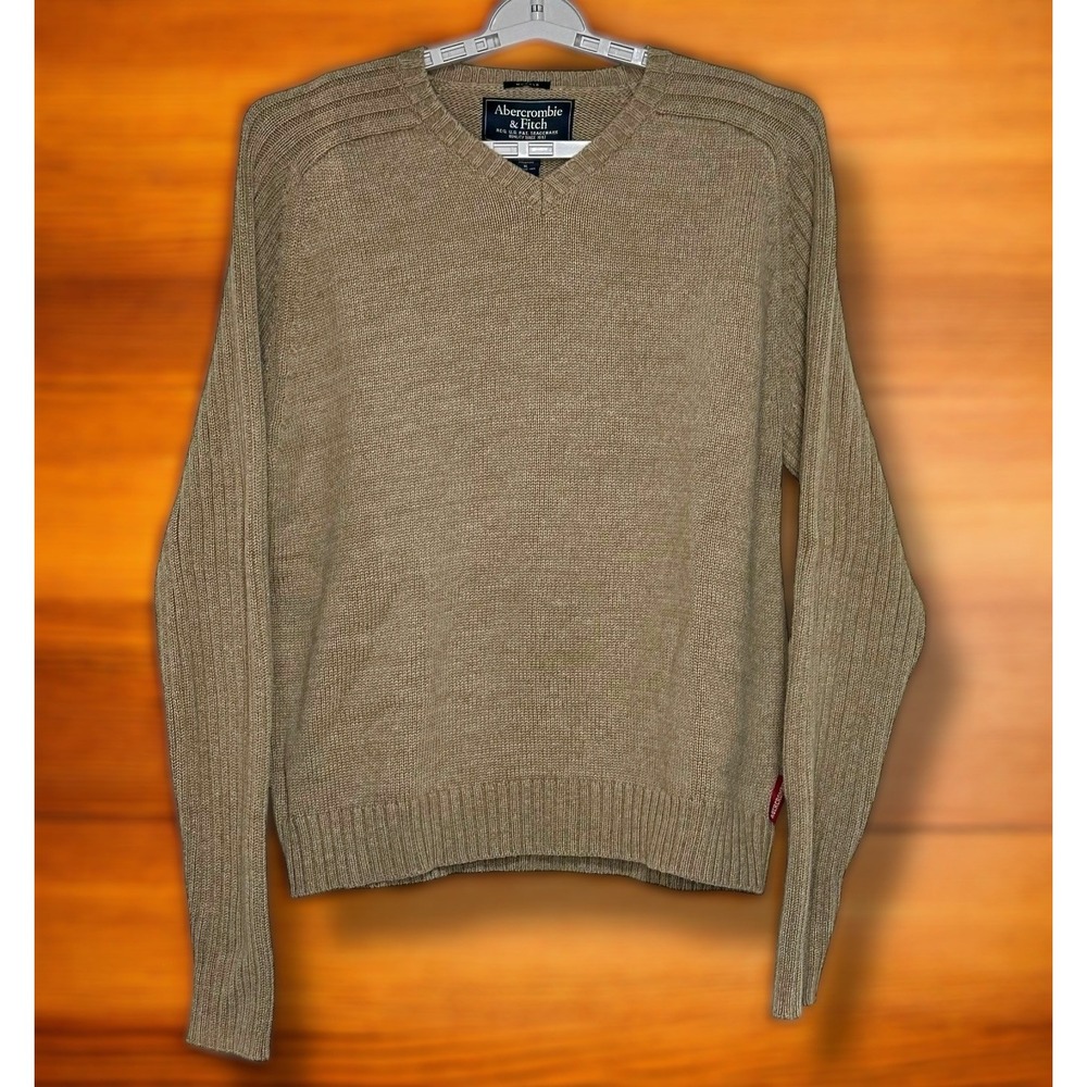 Abercrombie & Fitch Muscle Mens XL Tan Ribbed Sweater Heavyweight Cotton V-neck